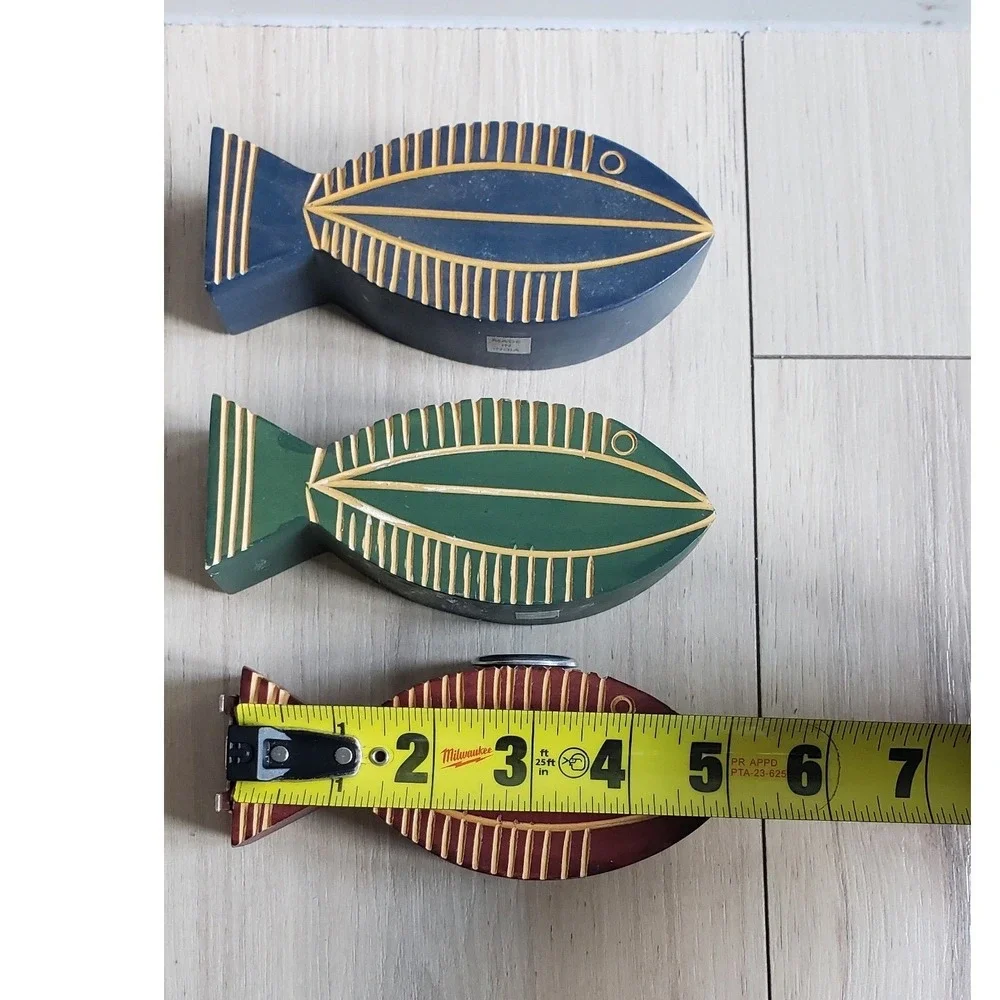 Hand Carved Wooden Fish‎ Decor Set of 3 Coastal Nautical Shelf Art